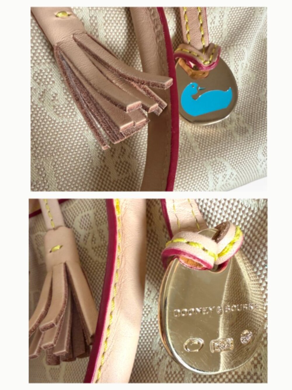 Dooney & Bourke Beige DB Monogram Canvas Bowler Satchel Leather Tassel Charm Bag - Picture 9 of 12